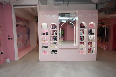 Interior of PrettyLittleThing, London, showing beauty products on display